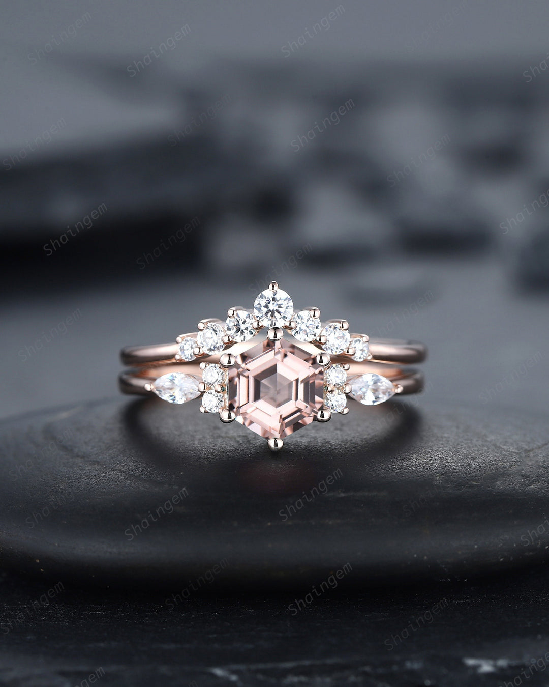 Unique Hexagon Pink Morganite Engagement Ring Set, Vintage Morganite and Diamond Wedding Ring, 14K Rose Gold Morganite Promise Ring Gift - ShainJewelry