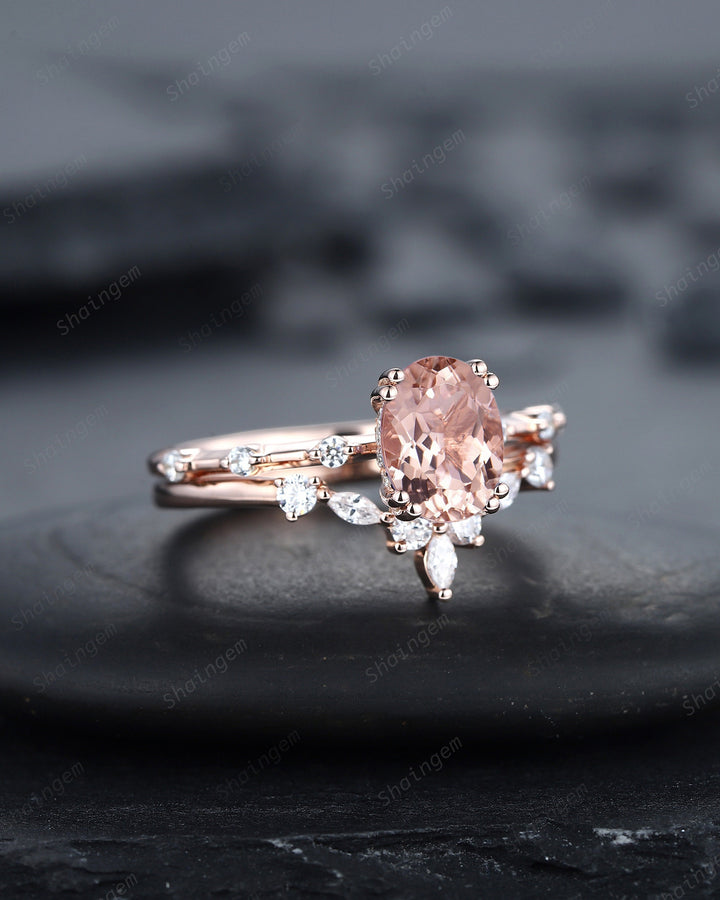 Vintage Oval Cut Pink Morganite Engagement Ring Set, Unique Pink Morganite Promise Ring, Morganite Hidden Halo Bridal Set Wedding Ring Gift - ShainJewelry