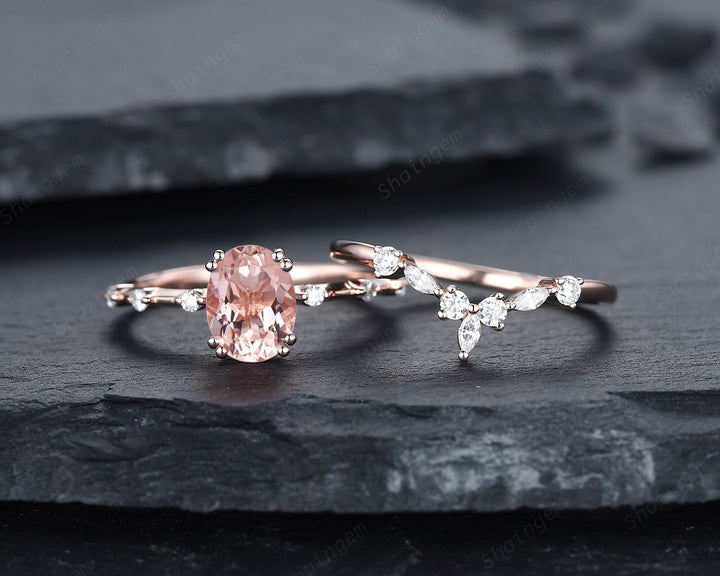 Vintage Oval Cut Pink Morganite Engagement Ring Set, Unique Pink Morganite Promise Ring, Morganite Hidden Halo Bridal Set Wedding Ring Gift - ShainJewelry