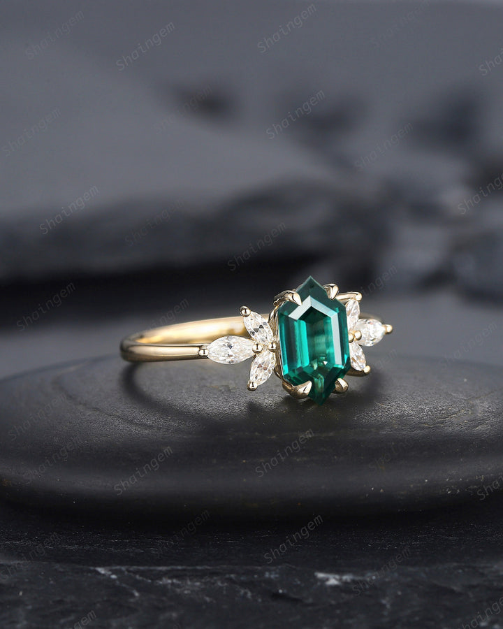 Vintage Long Hexagon Emerald Engagement Ring, Unique 14K Gold Cluster Emerald Wedding Ring, Marquise Moissanite Promise Ring Gift For her - ShainJewelry