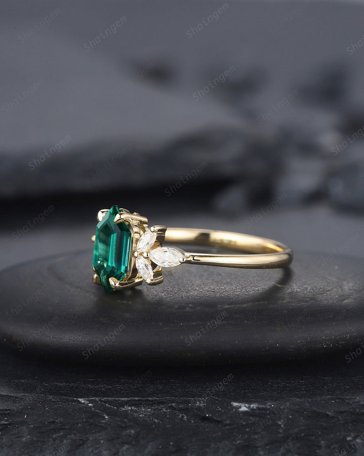 Vintage Long Hexagon Emerald Engagement Ring, Unique 14K Gold Cluster Emerald Wedding Ring, Marquise Moissanite Promise Ring Gift For her - ShainJewelry