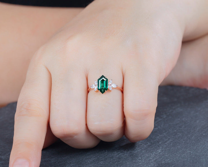 Vintage Long Hexagon Emerald Engagement Ring, Unique 14K Gold Cluster Emerald Wedding Ring, Marquise Moissanite Promise Ring Gift For her - ShainJewelry