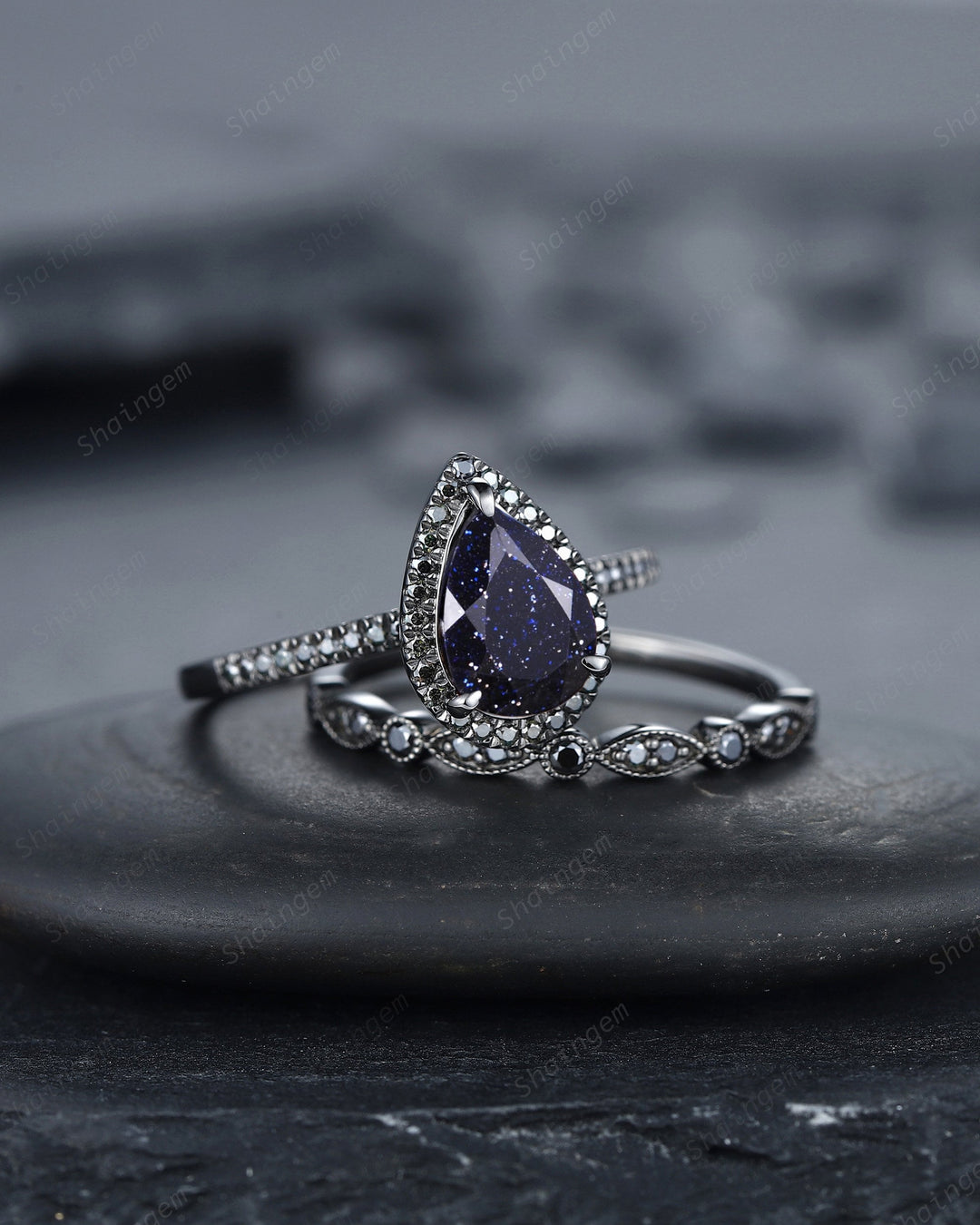 Vintage Pear Blue Sandstone Halo Engagement Ring Set, Starry Blue Sandstone Black Promise Ring, Rhodium Black Bridal Set, Black Wedding Ring - ShainJewelry
