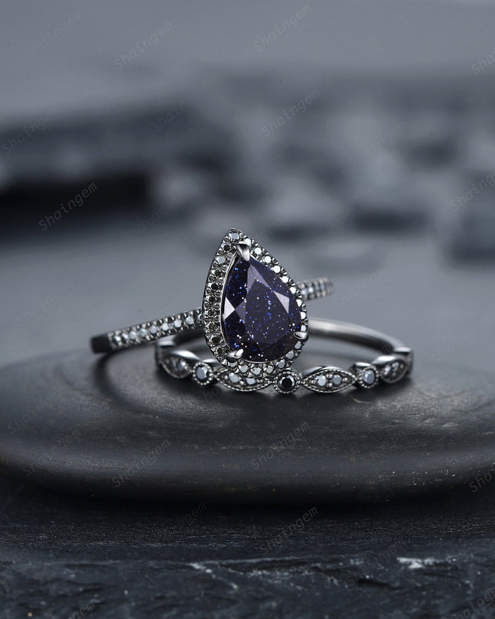 Vintage Pear Blue Sandstone Halo Engagement Ring Set, Starry Blue Sandstone Black Promise Ring, Rhodium Black Bridal Set, Black Wedding Ring - ShainJewelry