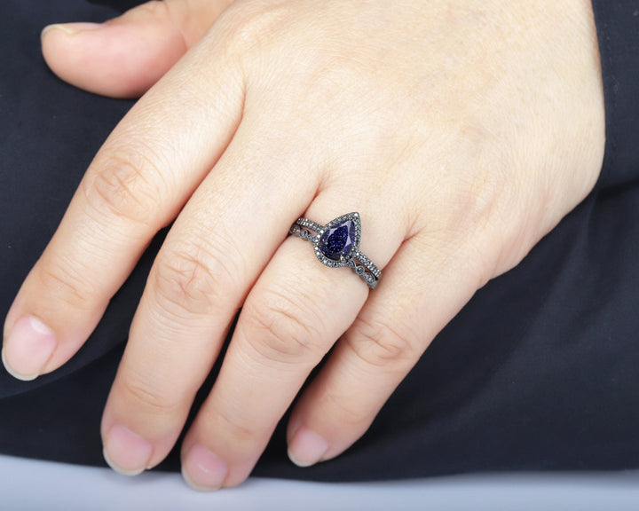 Vintage Pear Blue Sandstone Halo Engagement Ring Set, Starry Blue Sandstone Black Promise Ring, Rhodium Black Bridal Set, Black Wedding Ring - ShainJewelry