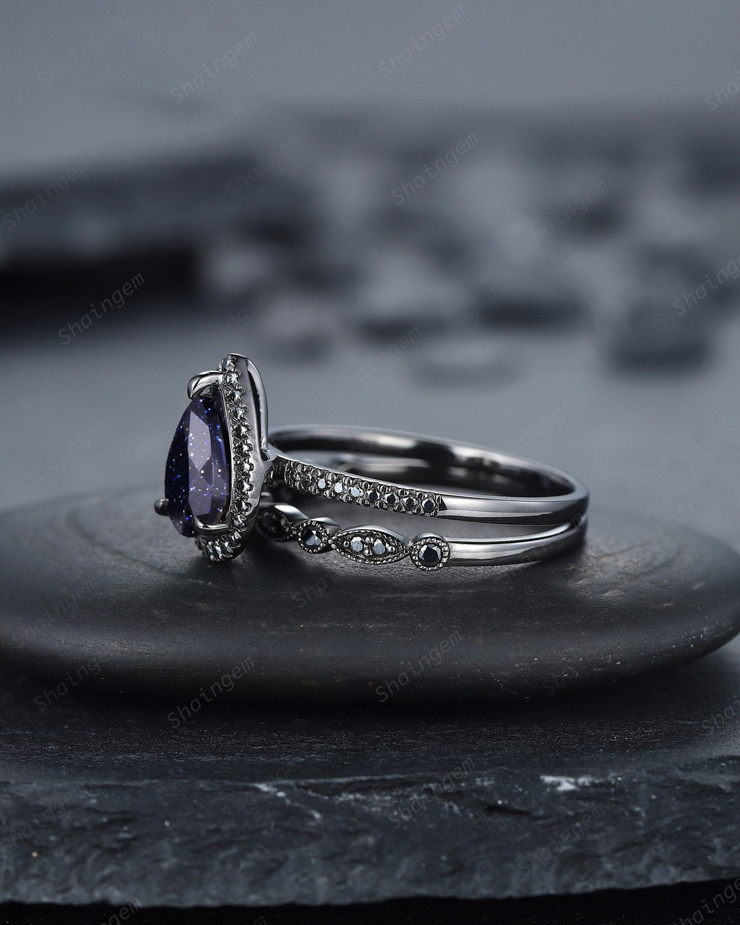 Vintage Pear Blue Sandstone Halo Engagement Ring Set, Starry Blue Sandstone Black Promise Ring, Rhodium Black Bridal Set, Black Wedding Ring - ShainJewelry