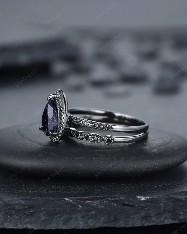 Vintage Pear Blue Sandstone Halo Engagement Ring Set, Starry Blue Sandstone Black Promise Ring, Rhodium Black Bridal Set, Black Wedding Ring - ShainJewelry