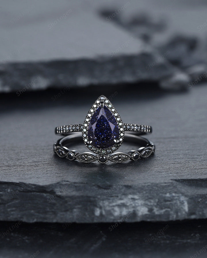 Vintage Pear Blue Sandstone Halo Engagement Ring Set, Starry Blue Sandstone Black Promise Ring, Rhodium Black Bridal Set, Black Wedding Ring - ShainJewelry