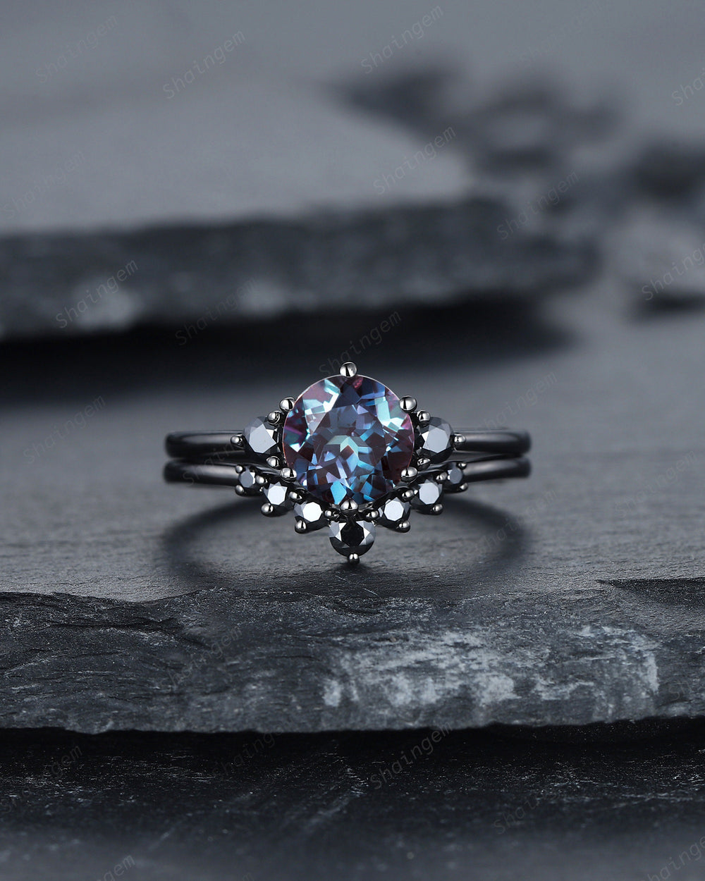Vintage Black Gold Round Cut Alexandrite Engagement Ring Set Rhodium Black Moissanite Wedding Set Unique Dark Bridal Set, Black Promise Ring - ShainJewelry