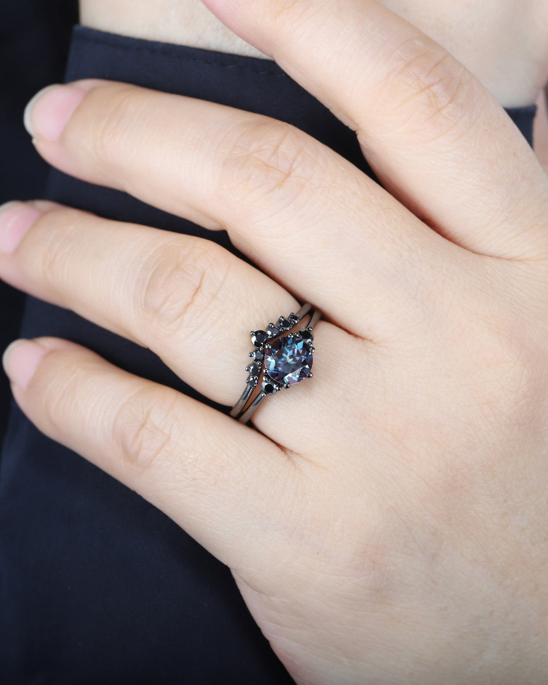 Vintage Black Gold Round Cut Alexandrite Engagement Ring Set Rhodium Black Moissanite Wedding Set Unique Dark Bridal Set, Black Promise Ring - ShainJewelry