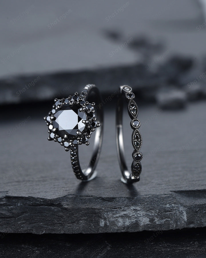 Vintage Round Black Moissanite Halo Engagement Ring Set, Black Gold Moissanite Promise Ring, Rhodium Black Bridal Set, Black Wedding Ring - ShainJewelry