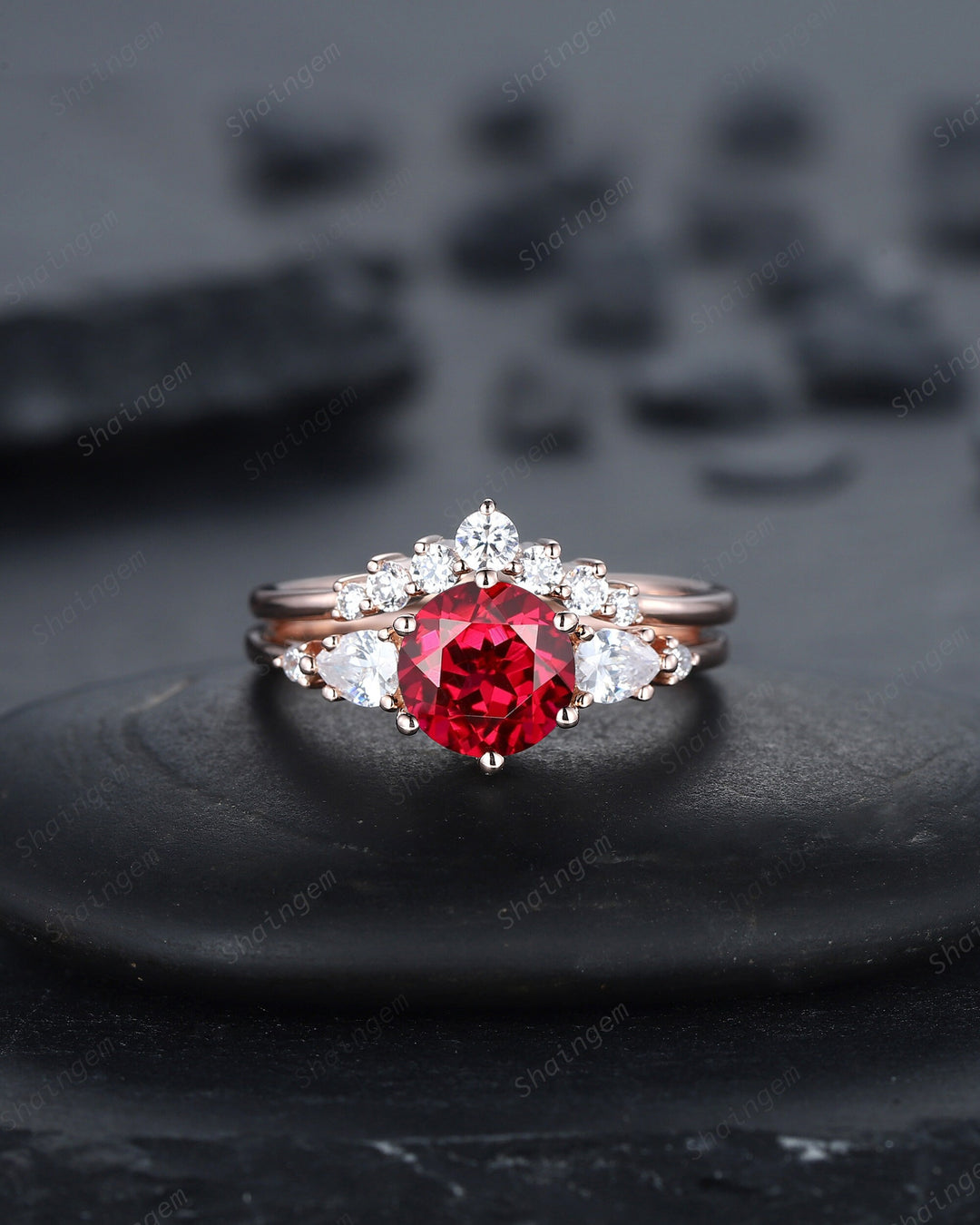 Vintage Round Shape Ruby Engagement Ring Set, Rose Gold Ruby and Pear Moissanite Wedding Promise Ring, Silver Bridal Set Anniversary Gift - ShainJewelry