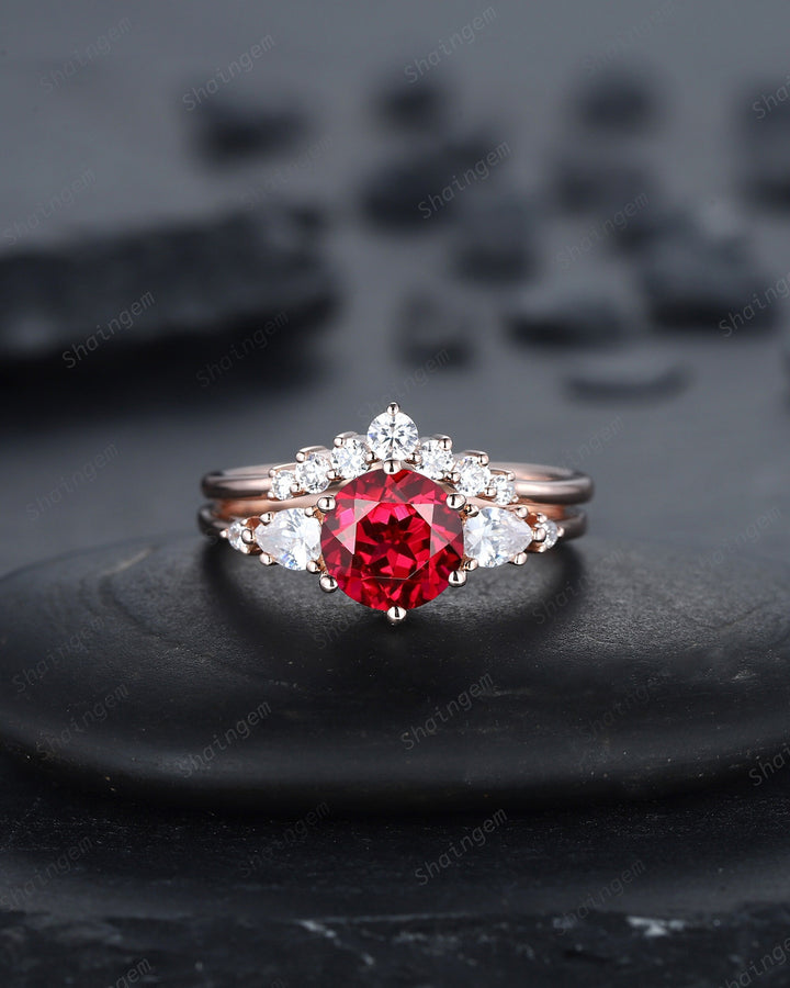 Vintage Round Shape Ruby Engagement Ring Set, Rose Gold Ruby and Pear Moissanite Wedding Promise Ring, Silver Bridal Set Anniversary Gift - ShainJewelry