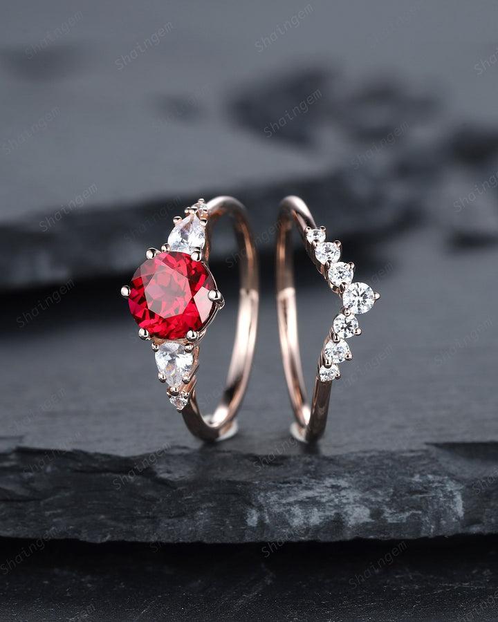 Vintage Round Shape Ruby Engagement Ring Set, Rose Gold Ruby and Pear Moissanite Wedding Promise Ring, Silver Bridal Set Anniversary Gift - ShainJewelry