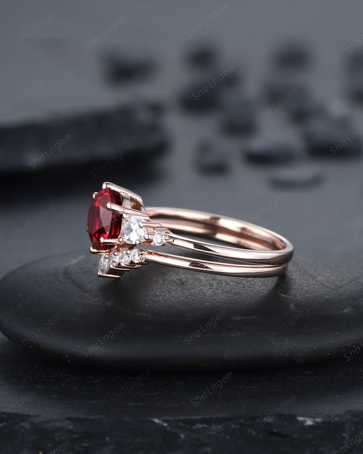 Vintage Round Shape Ruby Engagement Ring Set, Rose Gold Ruby and Pear Moissanite Wedding Promise Ring, Silver Bridal Set Anniversary Gift - ShainJewelry