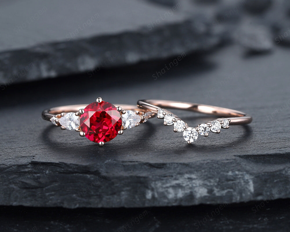 Vintage Round Shape Ruby Engagement Ring Set, Rose Gold Ruby and Pear Moissanite Wedding Promise Ring, Silver Bridal Set Anniversary Gift - ShainJewelry