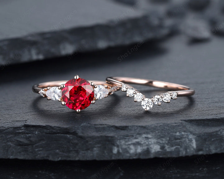 Vintage Round Shape Ruby Engagement Ring Set, Rose Gold Ruby and Pear Moissanite Wedding Promise Ring, Silver Bridal Set Anniversary Gift - ShainJewelry