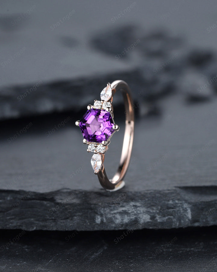 Unique Hexagon Amethyst Engagement Ring Set, Vintage Amethyst Wedding Ring, 14K Rose Gold Amethyst Promise Ring, Silver Art Deco Bridal Set - ShainJewelry