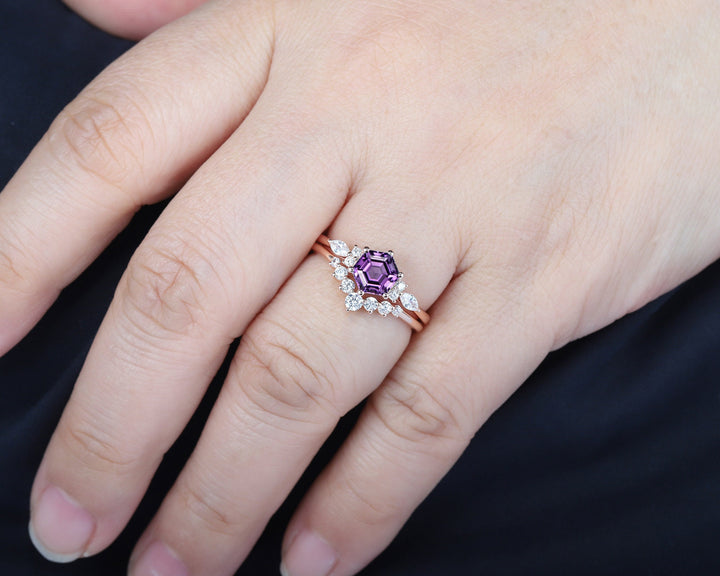 Unique Hexagon Amethyst Engagement Ring Set, Vintage Amethyst Wedding Ring, 14K Rose Gold Amethyst Promise Ring, Silver Art Deco Bridal Set - ShainJewelry
