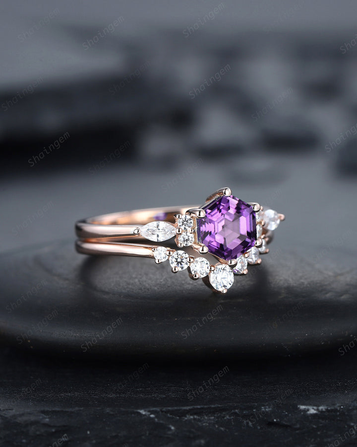 Unique Hexagon Amethyst Engagement Ring Set, Vintage Amethyst Wedding Ring, 14K Rose Gold Amethyst Promise Ring, Silver Art Deco Bridal Set - ShainJewelry