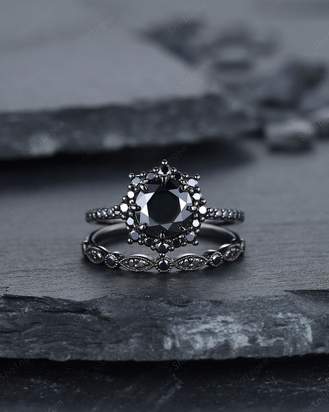 Vintage Round Black Moissanite Halo Engagement Ring Set, Black Gold Moissanite Promise Ring, Rhodium Black Bridal Set, Black Wedding Ring - ShainJewelry