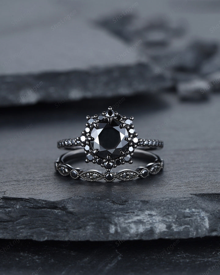 Vintage Round Black Moissanite Halo Engagement Ring Set, Black Gold Moissanite Promise Ring, Rhodium Black Bridal Set, Black Wedding Ring - ShainJewelry