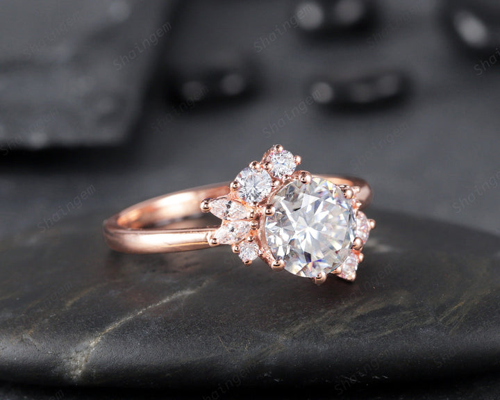 Vintage Round Moissanite Cluster Engagement Ring, 14K Rose Gold Moissanite Wedding Ring, Colorless Moissanite Promise Ring Gift for women - ShainJewelry