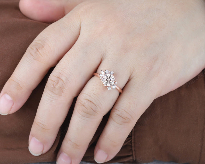 Vintage Round Moissanite Cluster Engagement Ring, 14K Rose Gold Moissanite Wedding Ring, Colorless Moissanite Promise Ring Gift for women - ShainJewelry