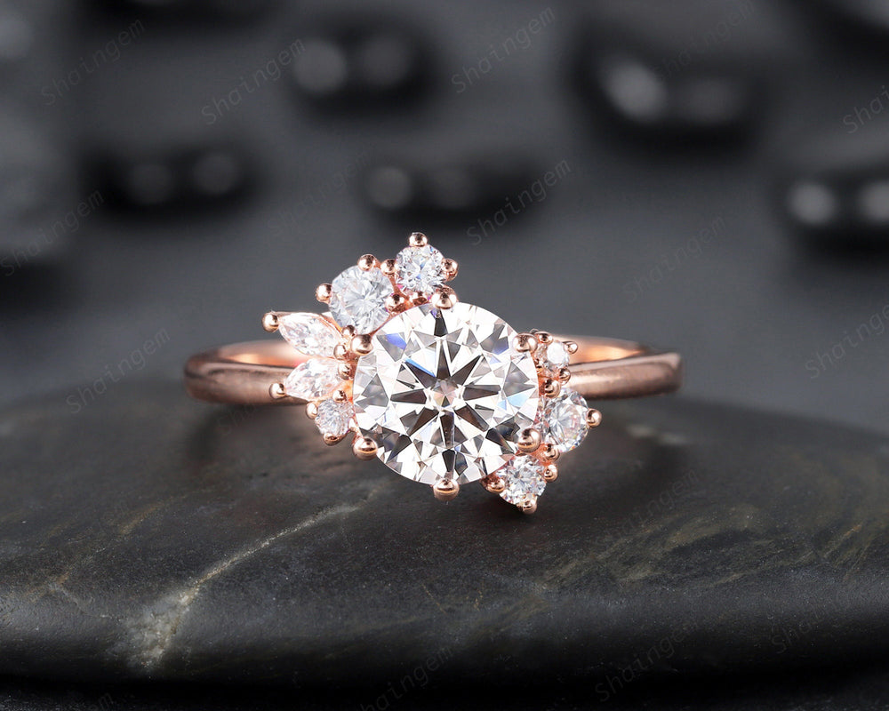 Vintage Round Moissanite Cluster Engagement Ring, 14K Rose Gold Moissanite Wedding Ring, Colorless Moissanite Promise Ring Gift for women - ShainJewelry