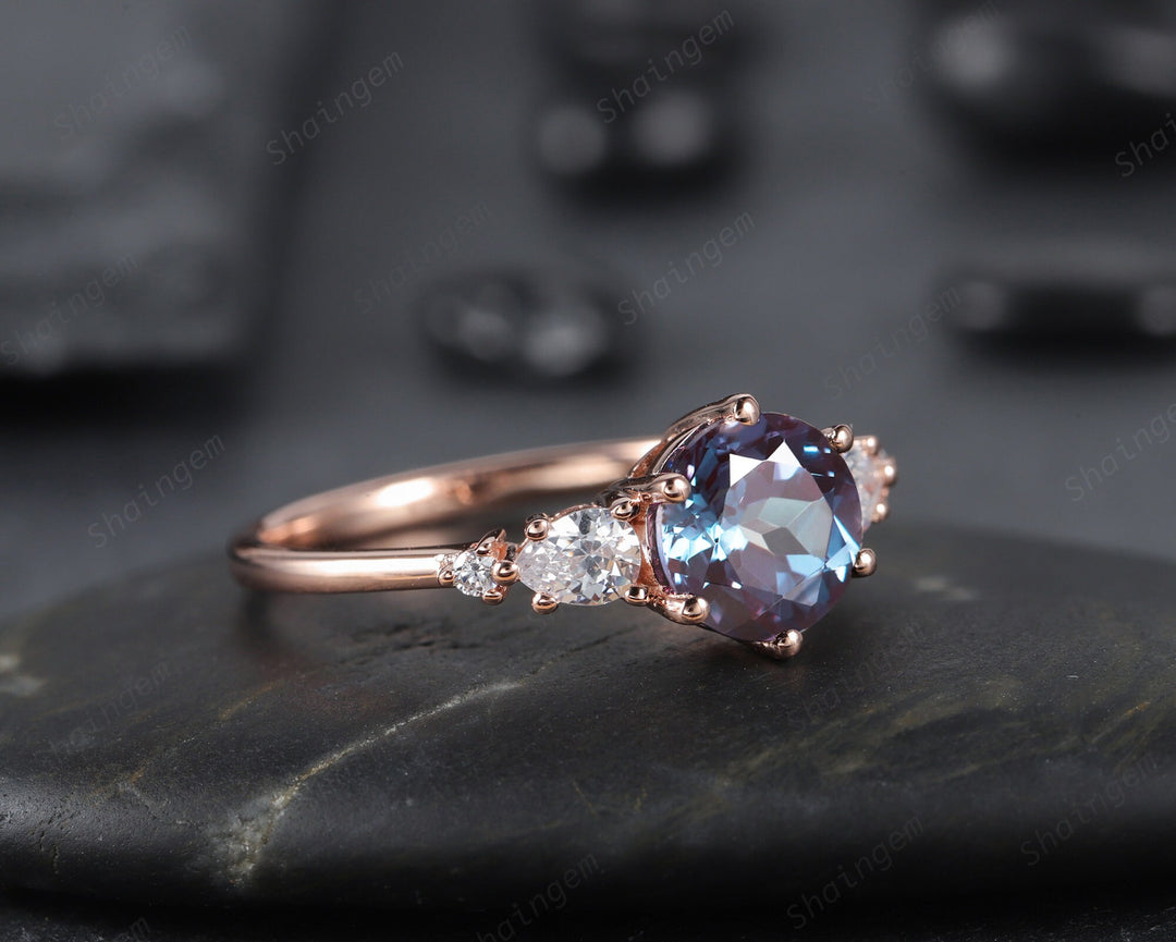Unique Round Cut Alexandrite Engagement Ring, Vintage 14K Rose Gold Alexandrite Promise Ring, Art Deco June Birthstone Wedding Ring Gift - ShainJewelry