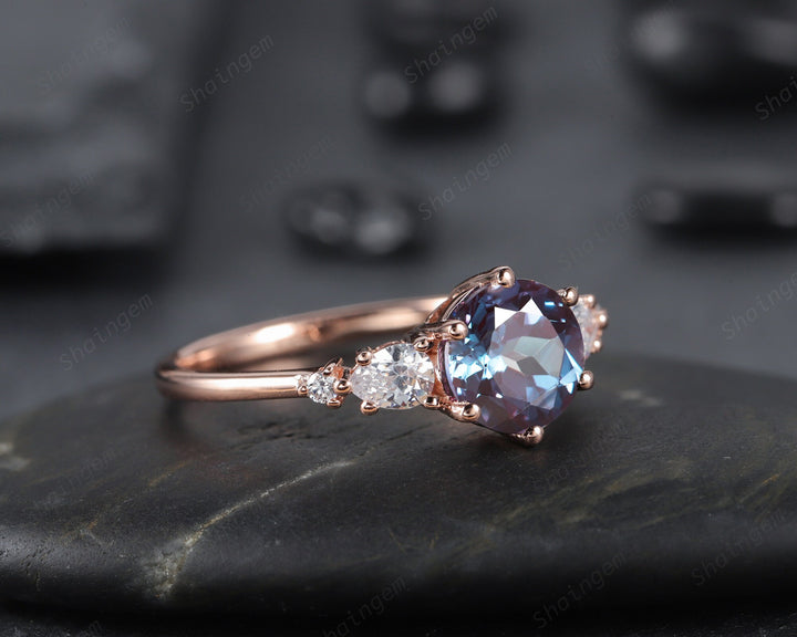Unique Round Cut Alexandrite Engagement Ring, Vintage 14K Rose Gold Alexandrite Promise Ring, Art Deco June Birthstone Wedding Ring Gift - ShainJewelry