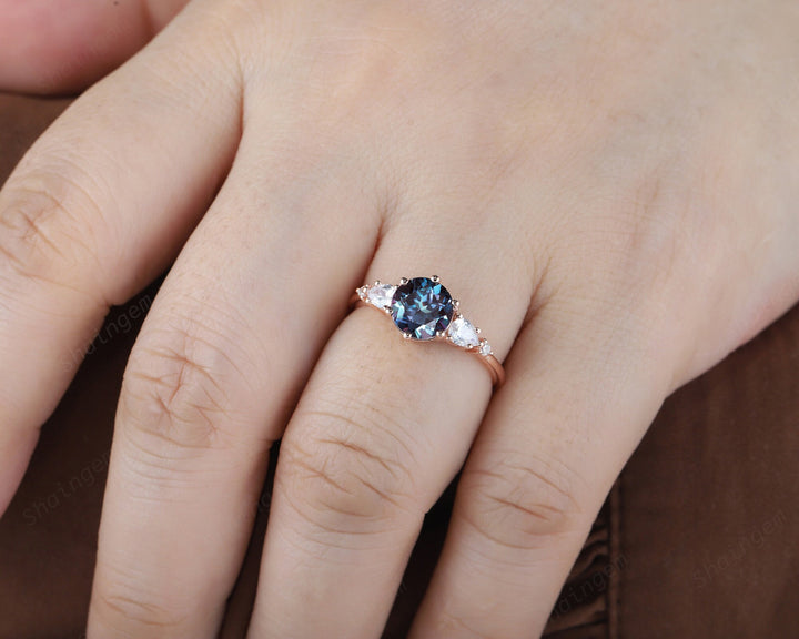 Unique Round Cut Alexandrite Engagement Ring, Vintage 14K Rose Gold Alexandrite Promise Ring, Art Deco June Birthstone Wedding Ring Gift - ShainJewelry
