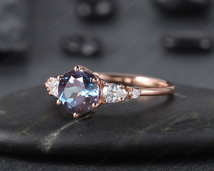 Unique Round Cut Alexandrite Engagement Ring, Vintage 14K Rose Gold Alexandrite Promise Ring, Art Deco June Birthstone Wedding Ring Gift - ShainJewelry