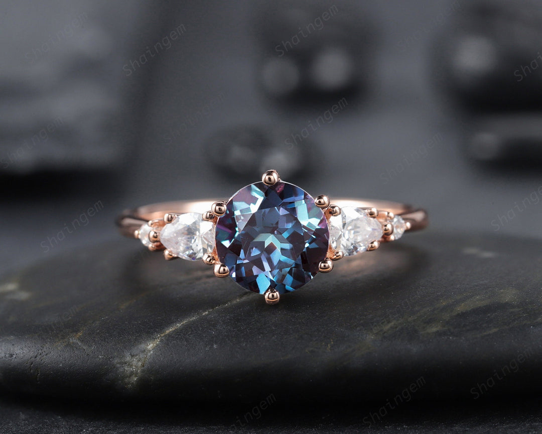Unique Round Cut Alexandrite Engagement Ring, Vintage 14K Rose Gold Alexandrite Promise Ring, Art Deco June Birthstone Wedding Ring Gift - ShainJewelry