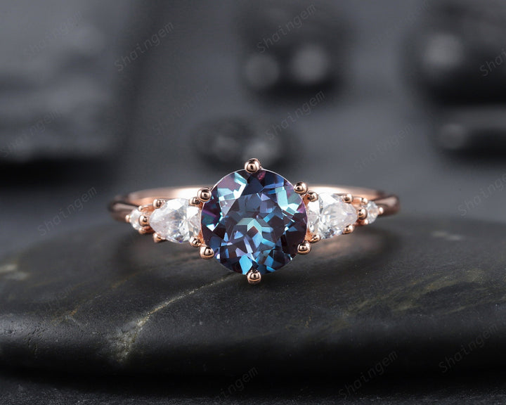 Unique Round Cut Alexandrite Engagement Ring, Vintage 14K Rose Gold Alexandrite Promise Ring, Art Deco June Birthstone Wedding Ring Gift - ShainJewelry