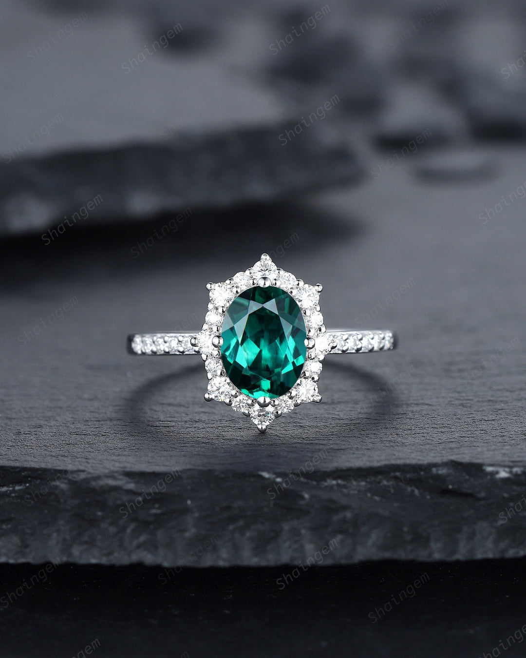Vintage Oval Cut Emerald Engagement Ring, Unique 14K White Gold Floral Halo Wedding Promise Ring, Art Deco Emerald Anniversary Ring Gift - ShainJewelry