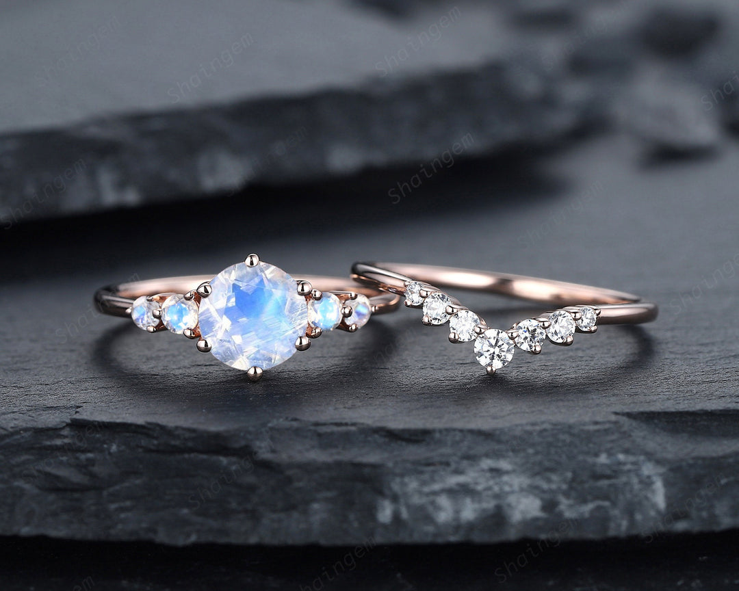Vintage Round Moonstone Engagement Ring Set, Unique 14K Rose Gold Moonstone Wedding Promise Ring, Blue Moonstone Bridal Set Anniversary Gift
