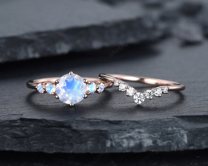 Vintage Round Moonstone Engagement Ring Set, Unique 14K Rose Gold Moonstone Wedding Promise Ring, Blue Moonstone Bridal Set Anniversary Gift