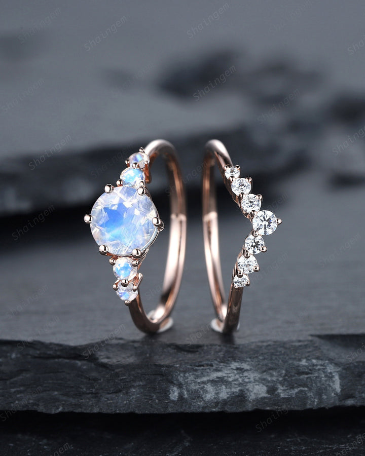 Vintage Round Moonstone Engagement Ring Set, Unique 14K Rose Gold Moonstone Wedding Promise Ring, Blue Moonstone Bridal Set Anniversary Gift