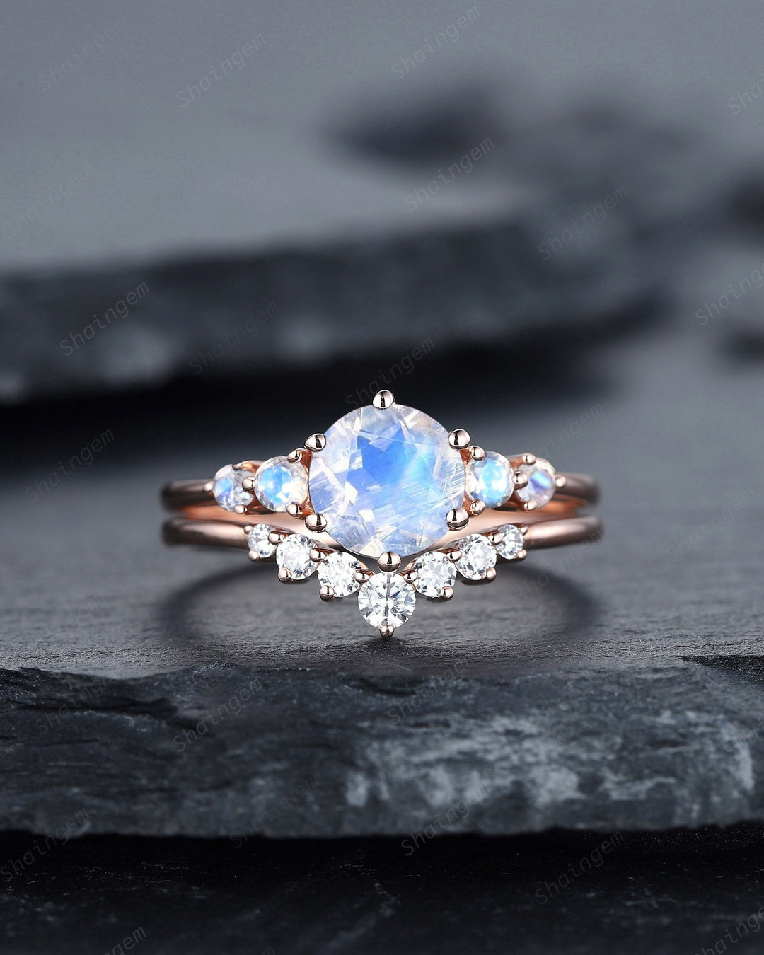 Vintage Round Moonstone Engagement Ring Set, Unique 14K Rose Gold Moonstone Wedding Promise Ring, Blue Moonstone Bridal Set Anniversary Gift