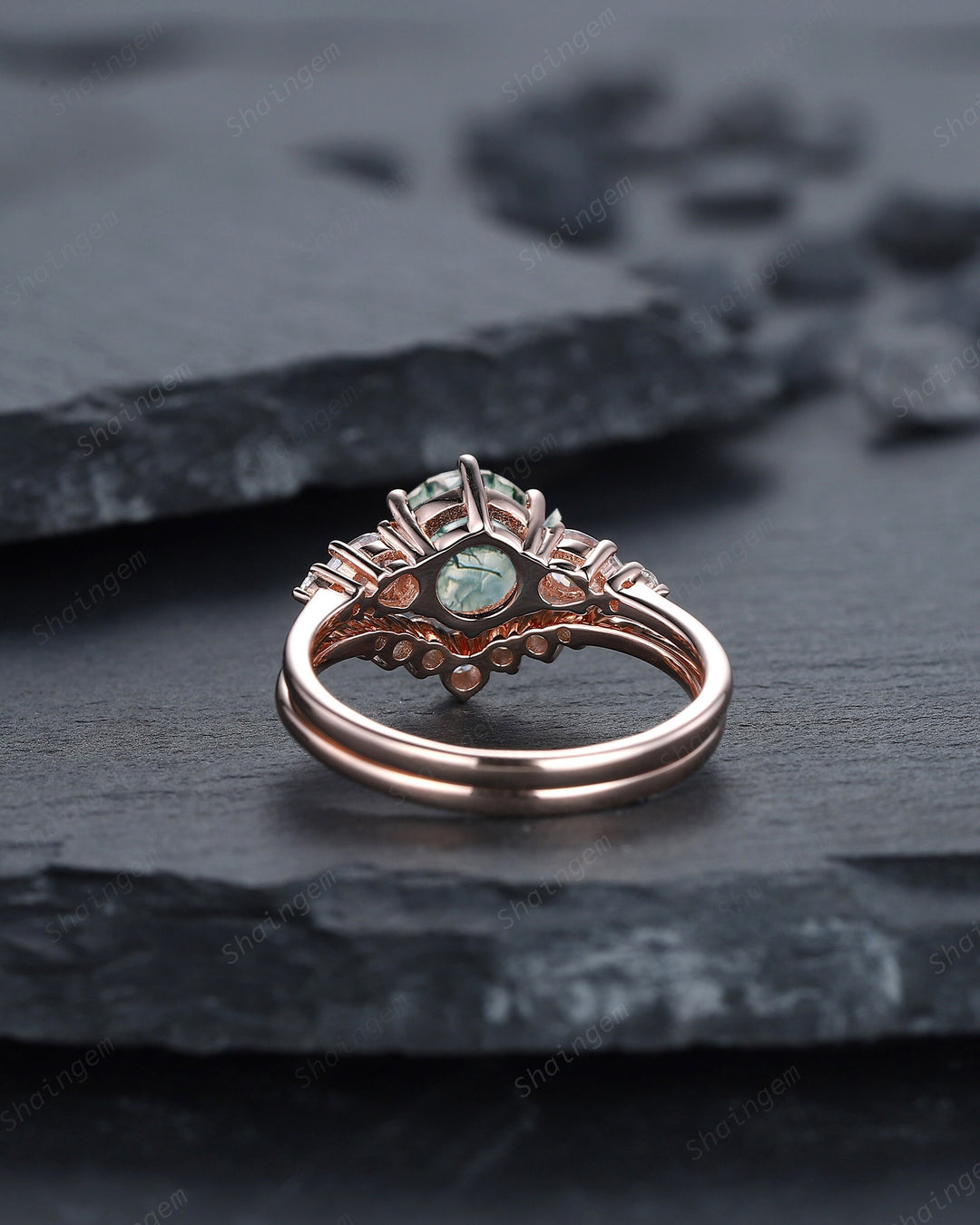 Vintage Round Moss Agate and Moissanite Engagement Ring Set, Unique Rose Gold Moss Agate Promise Ring Agate Bridal Set Anniversary Ring Gift - ShainJewelry