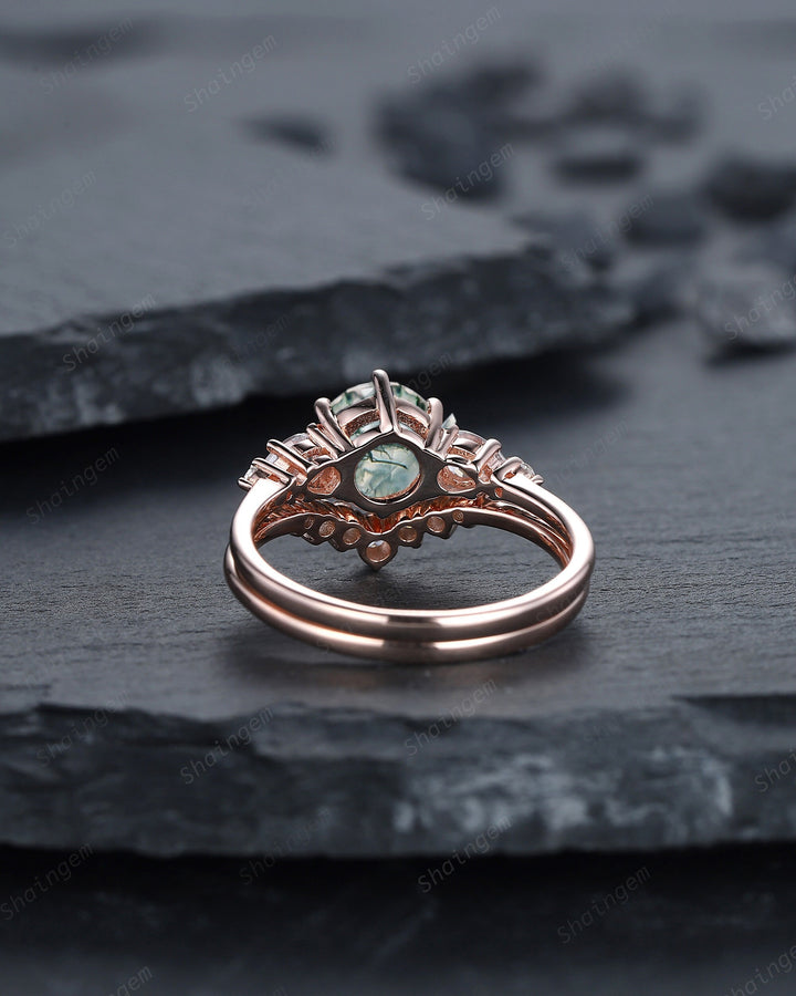 Vintage Round Moss Agate and Moissanite Engagement Ring Set, Unique Rose Gold Moss Agate Promise Ring Agate Bridal Set Anniversary Ring Gift - ShainJewelry