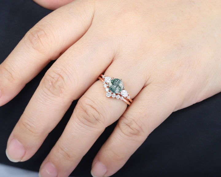 Vintage Round Moss Agate and Moissanite Engagement Ring Set, Unique Rose Gold Moss Agate Promise Ring Agate Bridal Set Anniversary Ring Gift - ShainJewelry