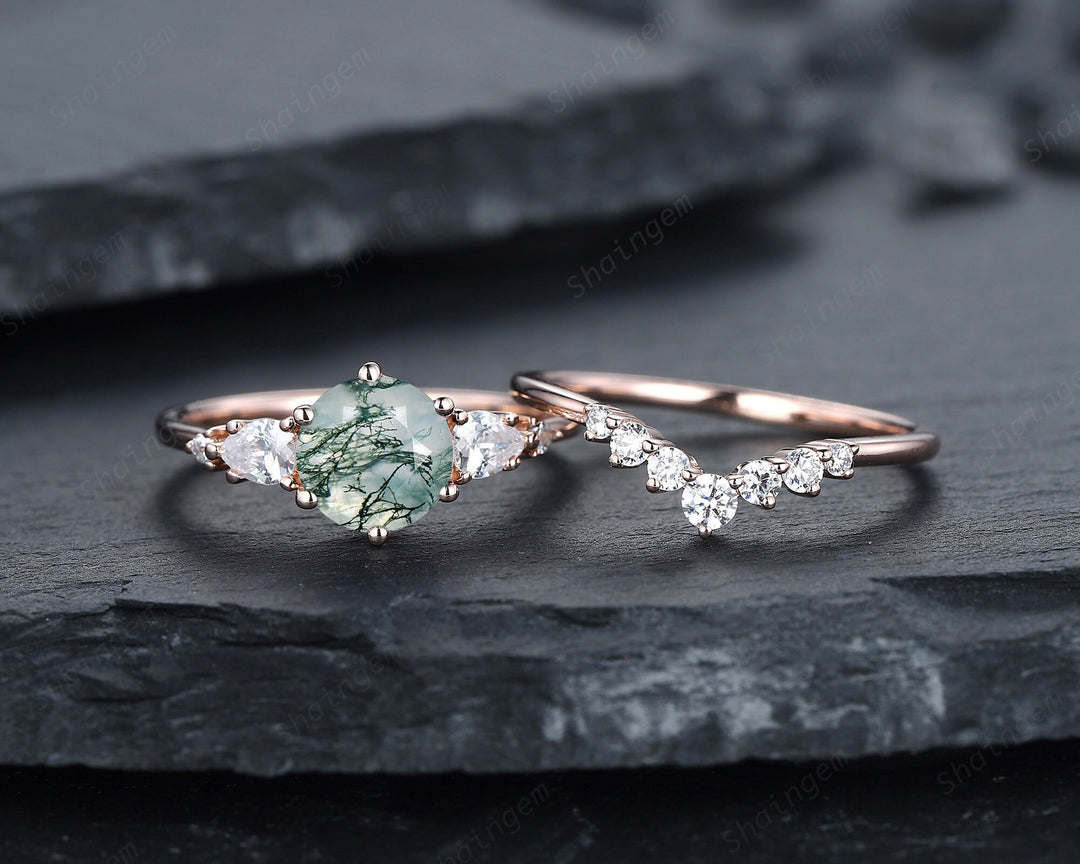 Vintage Round Moss Agate and Moissanite Engagement Ring Set, Unique Rose Gold Moss Agate Promise Ring Agate Bridal Set Anniversary Ring Gift - ShainJewelry