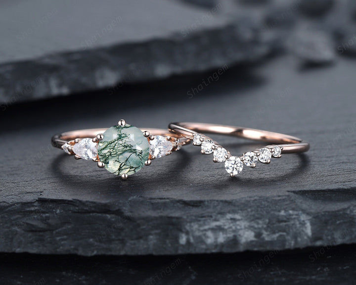 Vintage Round Moss Agate and Moissanite Engagement Ring Set, Unique Rose Gold Moss Agate Promise Ring Agate Bridal Set Anniversary Ring Gift - ShainJewelry