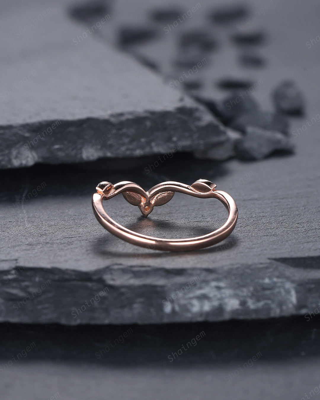 Delicate Diamond Wedding Band, Dainty Rose Gold Round Moissanite Curved Matching Band Stacking Band Twig Branch Engagement Band, Bridal Ring - ShainJewelry