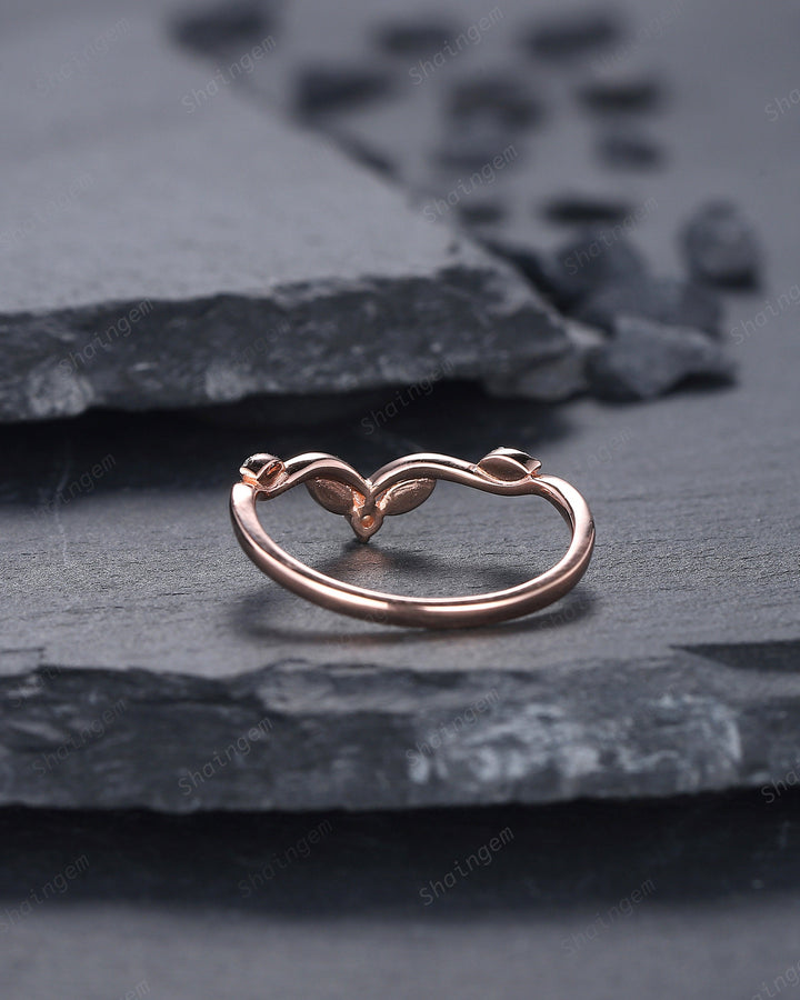 Delicate Diamond Wedding Band, Dainty Rose Gold Round Moissanite Curved Matching Band Stacking Band Twig Branch Engagement Band, Bridal Ring - ShainJewelry