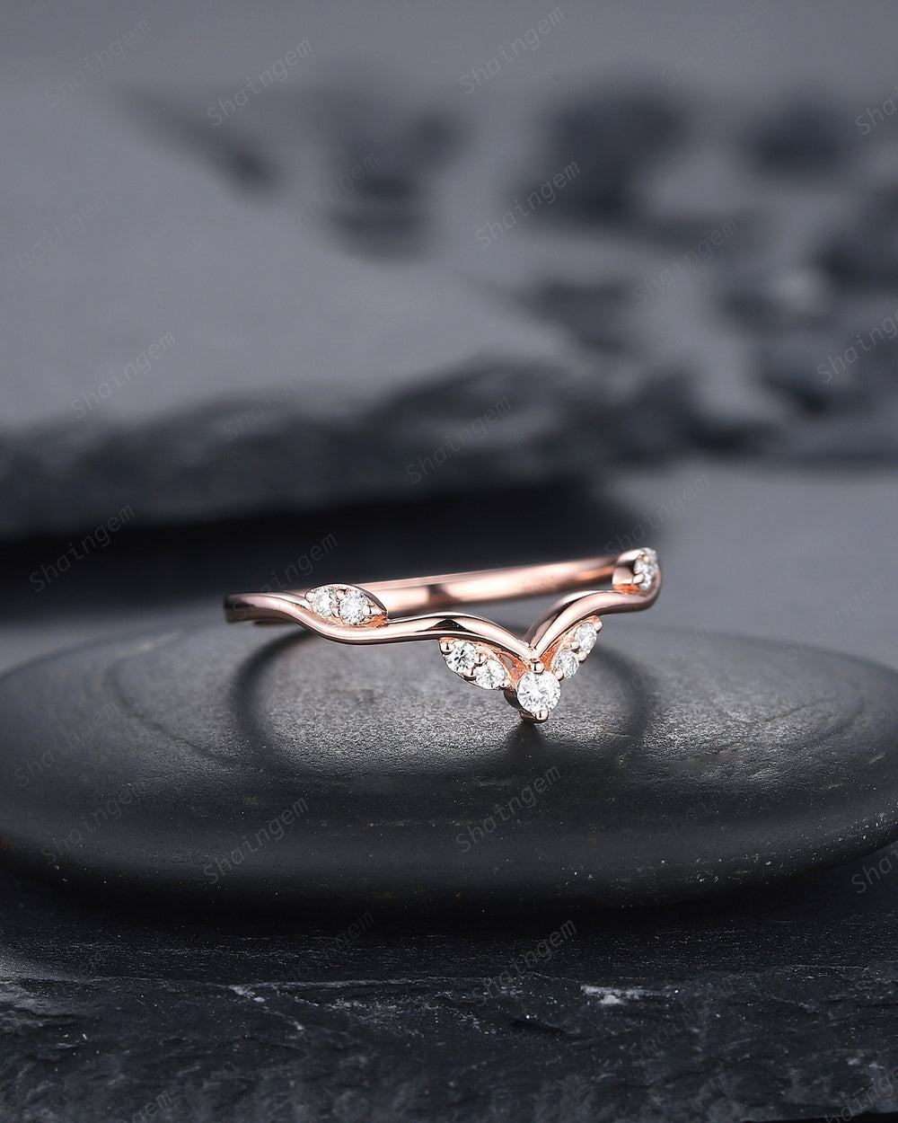 Delicate Diamond Wedding Band, Dainty Rose Gold Round Moissanite Curved Matching Band Stacking Band Twig Branch Engagement Band, Bridal Ring - ShainJewelry