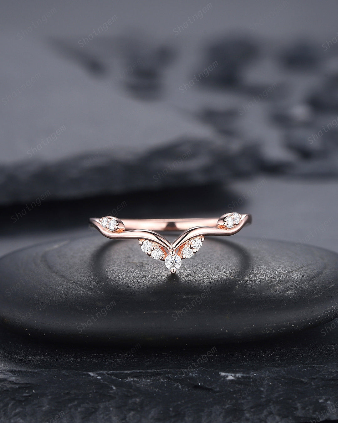 Delicate Diamond Wedding Band, Dainty Rose Gold Round Moissanite Curved Matching Band Stacking Band Twig Branch Engagement Band, Bridal Ring - ShainJewelry