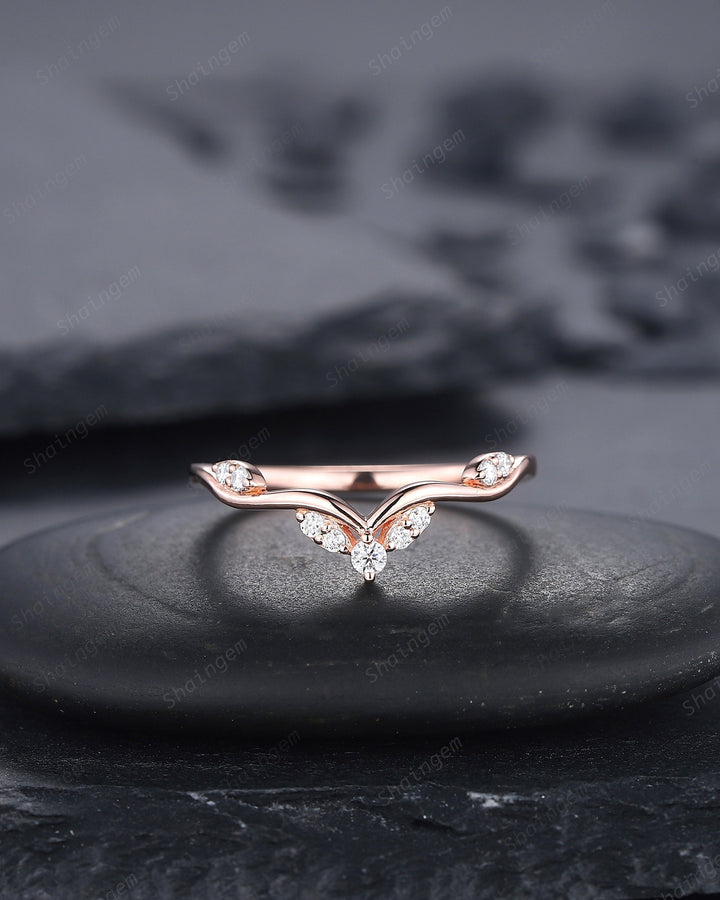 Delicate Diamond Wedding Band, Dainty Rose Gold Round Moissanite Curved Matching Band Stacking Band Twig Branch Engagement Band, Bridal Ring - ShainJewelry